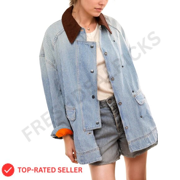 Oversized Denim Jacket Striped Button Down Long Sleeve Relaxed Fit Chic
